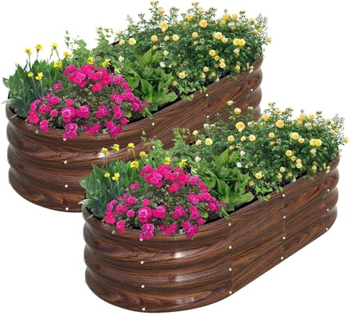 LATERN 2Pcs Raised Garden Bed, 120CM x 60CM x 30CM Galvanized Steel Planter Box Heavy Duty Bottomless Metal Raised Bed for Outdoor Growing Plant Vegetable Flower Herb (with Installation Kit, Brown)