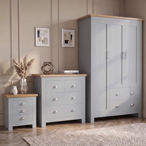 Blisswood 3 Piece Bedroom Furniture Set, 3 Door Wardrobe, 2+2 Drawer Chest of Drawers & 3 Drawer Bedside Cabinet, Modern Shaker Style Bedroom Wardrobe Set with Oak Top, Bedroom Storage Furniture, Grey