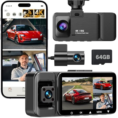 3-Kanal Dashcam Auto Vorne Hinten Innen, 4K + 1080P +1080P, 170° Weitwinkel, Super Nachtsicht, 24/7 Parküberwachung, G-Sensor, Loop-Aufnahme, 5.8GHz WiFi, Kostenlose 64GB SD-Karte, Max 256GB