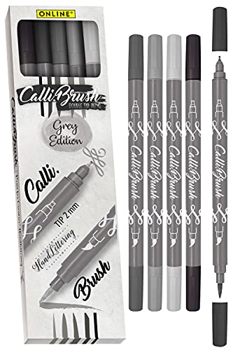 Online Brush-Pen Set Calli.Brush Grey I 5 Double-Tip Pinselstifte mit Kalligrafie-Spitze & Pinselspitze in 5 Grautönen I Handlettering Stifte als Kalligraphie Set für Bullet Journals, Aquarell & Co
