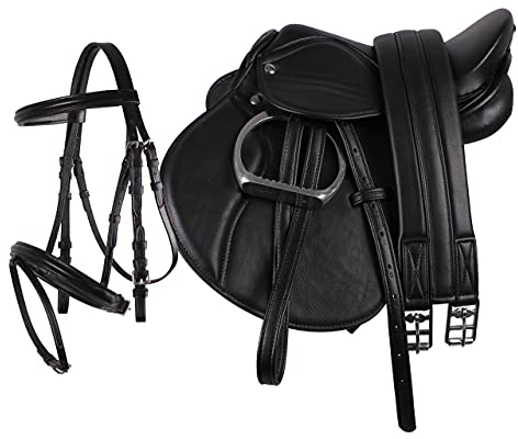 Pony Sattel-Set Komplett inkl. Sattelgurt, Steigbügelriemen und Steigbügeln | Geeignet für Kinder | Robustes und langlebig | Leichtes Gewicht (schwarz)