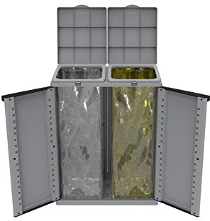 Hier passt viel rein! XXL Gartenschrank mit Zwei Halterungen für Müllsäcke und Recycling. Frontseitig und von Oben zu öffnen. In neutralem Grau.