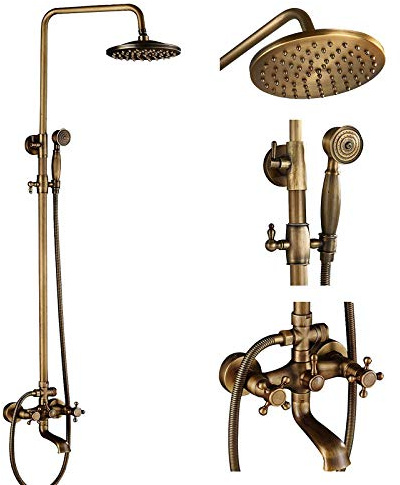 NeierThodore Antique Brass 8-Inch Bathroom Shower Faucet System Rainfall Shower Head Wall-Mounted Dual Cross Handle Bathtub Shower Mixer Tap with Hand Sprayer