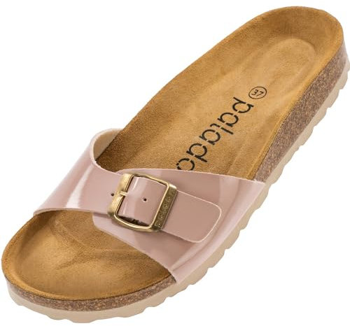 Palado Pantoletten Damen Malta Lack – gefertigt in Spanien – Glänzendes Obermaterial – EVA-Sohle – Veloursleder-Decksohle – Weichfußbett Rosa UK8 - EU41