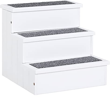 PawHut Hundetreppe 3 Stufen Katzentreppe Haustiertreppe Hundetreppe für Hunde und Katzen Tiertreppe Einstiegshilfe mit Teppich Stauraum für Sofa Bett Tannenholz Weiß 40,5 x 44,5 x 38 cm