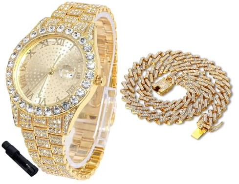 HALUKAKAH Iced Out-diamantklocka för pojkar – 18 karat/platinapläterad, 42 mm rund urtavla, längd 20 cm, valfri med kubansk kedja och justeringsverktyg – gyllene presentförpackning, 18k guldklocka +