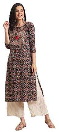 Kurtis per le donne di usura del partito di stile indiano kurta dritto tunica top per le donne pronto a indossare, Blu navy e beige., Medium
