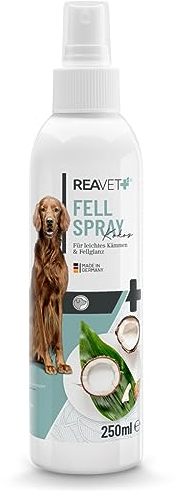 ReaVET Fellpflege Pflegespray Kokos 250ml - Sanftes Fellspray für Hunde & Katzen, Entfilzungsspray & Kämmhilfe, mit Kokosspray mit Kokosöl