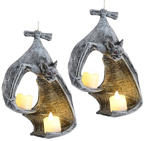 Firlar 2Pcs Bat Wall Tealight Holder,Decorative Black Bat Statue Candle Holders Halloween Hanging Decoration,Unique Delicate Gothic Wall Sconce for Home Office Garden Garden Resin Craft Decor