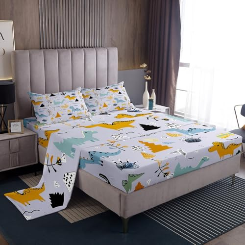 Erosebridal Cartoon Dinosaur Bed Sheets King Size Cute Dino Sheet Set for Kids Boys Girls Kawaii Hand Drawn Green Yellow Fitted Sheet Jungle Safari Wild Animals Bedding Set Hawaiin Ocean Room Decor