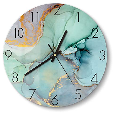 DEQORI Glasuhr | rund Ø 30 cm | Motiv Zerlaufene Wasserfarbe | ausgefallene leise Design Uhr aus Glas | Wanduhr für Wohnzimmer & Küche | moderne Hingucker Uhr für die Wand
