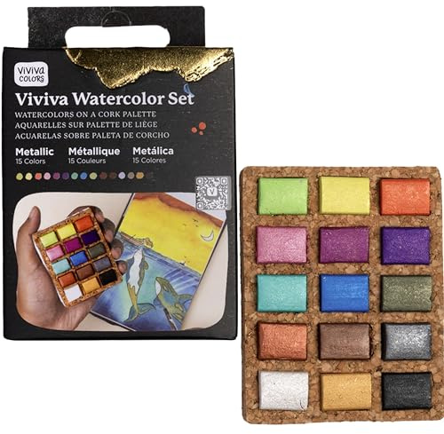 Viviva VV276052 Aquarellfarben Set, 15 lichtechte und lebendigen Farben in Näpfen auf Korkpalette für Outdoor und unterwegs, handgefertigt - 15 Metallicfarben