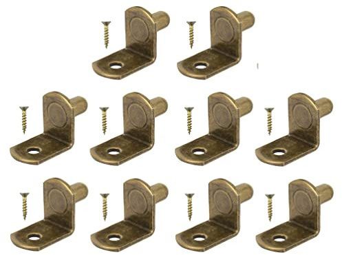 TERF® Traditional Style Antique Bronze Plated L-Shape Bracket Furniture Shelf Support Pegs Push In Pin with Hole for Kitchen Cabinet Wardrobe Bookcase Closet including Fixing Screw - Pack of 10