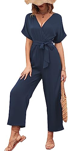 KBRPEY Jumpsuit Donna Elegante Tutina Incrociata Maniche Corte Tuta Estiva Intera Completo Lungo Sportivo Pantaloni Gamba Larga con Cintura Tutina Aderente Elegante