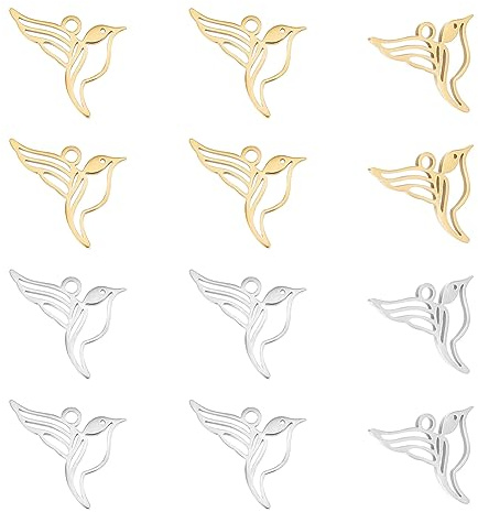 UNICRAFTALE 304 Edelstahl Kolibri Anhänger - 12 Stück in 2 Farben - Vogel Charms, Metall Mini-Tier Schmuck