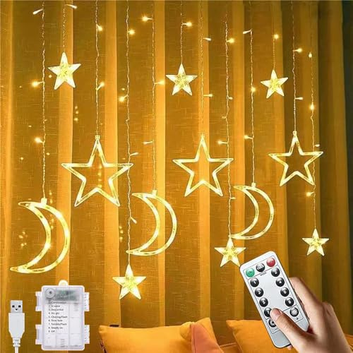 HuaMuDM Tenda Luminosa Luna Stella,3.5M Luci Catena Luminosa Stella,8 Modalità Luci di Tenda per Finestra, Natale,Ramadan,Arredamento Degli interni