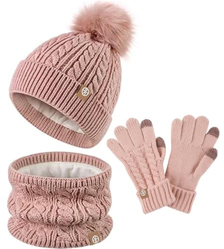 Conjunto Invierno Cálido 5-12 Años: Gorro Infantil, Bufanda de Lazo y Guantes - A Prueba de Viento para Niños y Mujeres