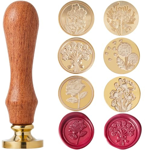 craspire 6 Stile Blumen-Wachssiegel-Stempelkopf Aus Messing, 25 mm, Abnehmbarer Messingkopf, Set Mit 1 Holz-Siegelstempelgriffen Für Hochzeit, Geburtstag, Party, Umschläge, Einladungen