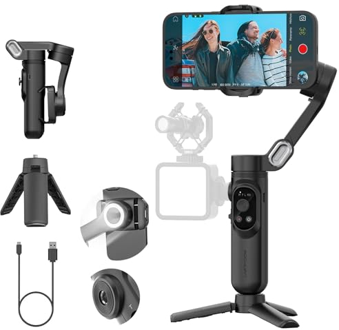 AOCHUAN 3-Axis Gimbal Stabilizer for iPhone 15/14/13 Pro Max Android,Foldable Smartphone Gimbal w/Built-in Fill Light,1/4 Thread,Professional Anti-Shake Vlogging Kit for TikTok YouTube(Smart X Black)