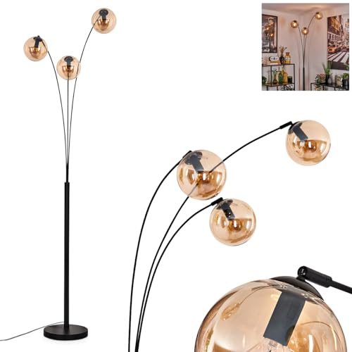 Stehleuchte Gastor, Stehlampe aus Metall/Glas in Schwarz/Bernsteinfarben, Leuchte im modernen Retro/Vintage-Design mit Schirmen aus Glas (Ø 15cm) u. Fußschalter, Höhe 210cm, 3 x E14, ohne Leuchtmittel