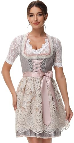 ELFIN Damen Midi Dirndl Elegante Trachtenkleid Dirndlkleid Trachtenmode Kleid für Oktoberfest inkl. Spitzen Dirndlschürze Gr. 34-46 - 50CM