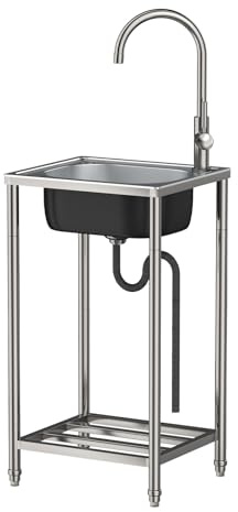 Freistehende Edelstahl Spültisch Gastro 1 Becken, |42x37x82cm|Gewerbliche Spülbecken mit Wasserhahn,Ablassvorrichtung, für Bepflanzung von Blumenkästen und Töpfen, Gartengeräte-Reinigung