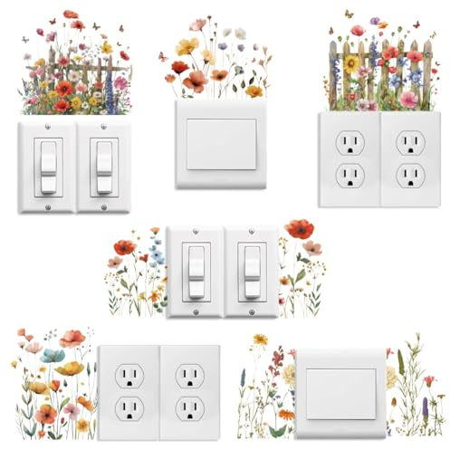 Peacoblue Etiquetas de Calcomanías para Placas de Interruptores de Luz 6Pcs 7x7 Flores Silvestres para Decoración del Hogar, Divertidas Calcomanías para Interruptores de Pared Peel and Stick