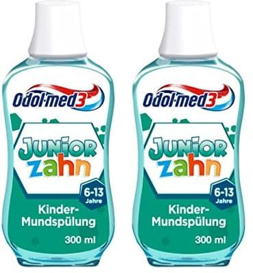 Odol-med3 Juniorzahn Mundspülung für Kinder (6-13 Jahre), 300 ml, mit mildem Minzgeschmack (Packung mit 2)