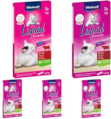 Vitakraft Liquid Snack, Katzensnack flüssig, Katzenleckerli, mit Rind und Katzengras, zur Unterstützung der gesunden Darmflora, kalorienarm (1 Paket mit 6X 15g) (Packung mit 5)
