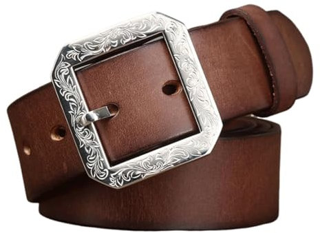 DUddTTW Klassischer Gürtel aus Rindsleder für Herren, mit Gravur, Western-Blumen-Herrengürtel mit silberner Schnalle, Gürtel für Herren für Kleidung und Freizeitgürtel