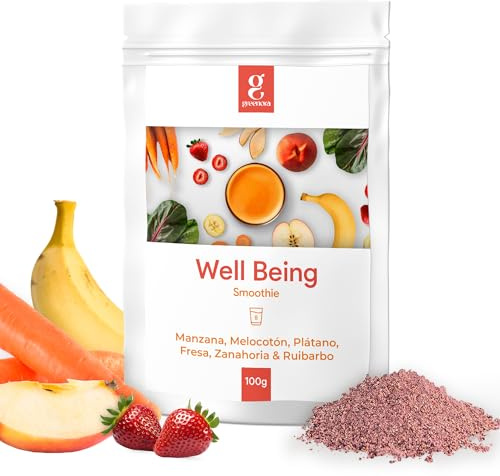 GREENORA Smoothie Vegano de Fruta Liofilizada, Manzana, Melocotón, Plátano, Fresa, Ruibarbo y Zanahoria en Polvo, Ideal para Desayunos, Bowls y Recetas, Sin Azúcar, 8 Servicios.