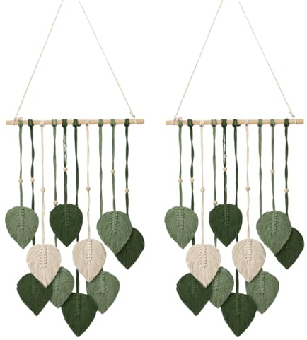 BONJUME Wand Deko, 2PCS Wanddeko Handgemacht Makramee Wandteppich Boho Deko | 100*40cm Gewebte Wandbehang Blatt Feder Wanddeko mit Holzperlen und 10 Grün Blätter Tapisserie für Wohnzimmer Schlafzimmer