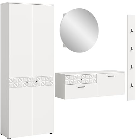 xonox.home Garderobe Prisma 4tlg. Set Garderobenkombination Garderobenschrank Garderobenmöbel Flurmöbel-Set Flursystem Stauraumlösung in weiß Absetzung weiß Hochglanz Tiefzieh
