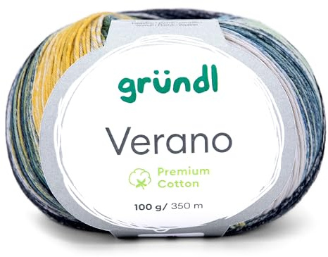 Gründl Verano, Sommergarn, Baumwollgarn, 100g, 350m Lauflänge, Stricknadel 2,5-3,5mm, Farbverlauf (07 graublau-marineblau-mint-)