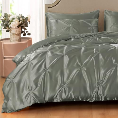 Heywaller 5-Piece Pinch Pleat Duvet Cover Set, Pintuck Duvet Cover Full Size with Zipper, Gray Satin Duvet Cover Shabby Chic Bedding (2 Pillow Shams + 2 Pillowcases), No Comforter