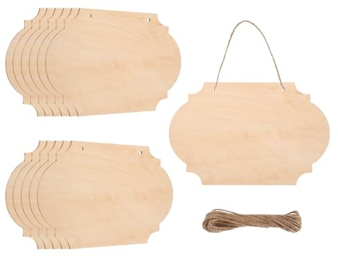 sourcing map Unfinished Hanging Wood Sign Blank with Ropes 9x6 Unfinished Wood Crafts Boards Wooden Plaques for Crafts DIY Painting Burning Carving Door Wall Decoration, Style 5, Pack of 12