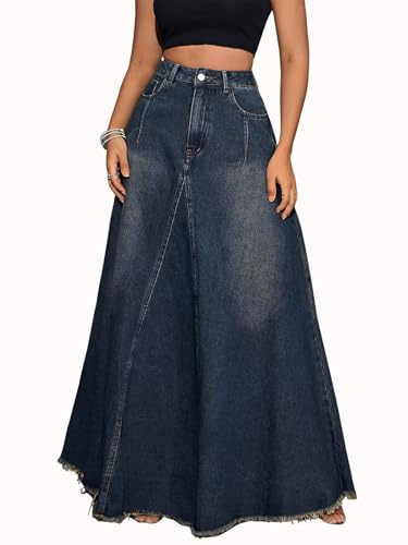 ebossy Jupe longue rétro en jean effet vieilli avec poches et ourlet effiloché pour femme, Bleu rétro., Taille S