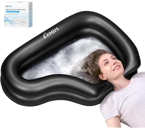 Portable Inflatable Shampoo Basin for Bedridden and Kids - Hair Washing Tray for Sink at Home with Fast-Drain Slope, Neck Support and Drain Hose - Hospital PVC Hair Washing Station (Black, Large)