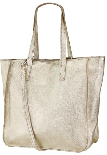 Damen Henkeltasche aus Echtleder – Mittelgroßer Shopper mit Schulterriemen – Handtasche Schultertasche mit Reißverschluss und Innenfach 37x13x29 cm Lili G555 (Gold)