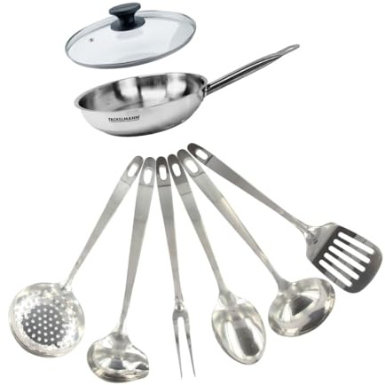 Fackelmann Set poêle inox 20 cm, couvercle verre et 6 ustensiles inox | Cuisson maîtrisée, Set complet avec couvercle verre, Inox 18/8, Format 20 cm, Tous feux induction, Sans PFAS
