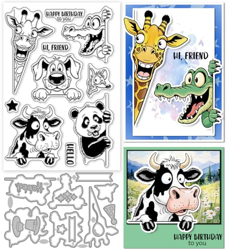 GLOBLELAND Lustiges Guckenden Tieren Gestalten Karten Transparenten Stempeln Und StanzformenSetKuh Hund Silikon Stempel Metall Panda Giraffe Maus Krokodil Stanzformen Für DIY Scrapbooking Fotoalbum
