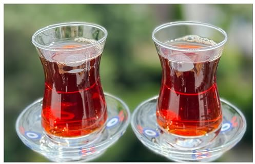 Topkapi Service à thé turc Melika-Sultan - 12 pièces - 6 verres à thé et 6 soucoupes avec Nazar/Mavi Boncuk - Verres à thé turcs - Soucoupes avec œil bleu - Emballage sûr - Pour 6 personnes
