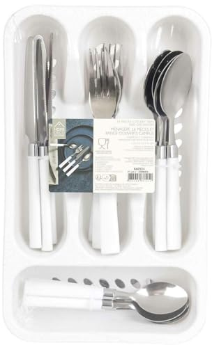 HowHomely | Set di posate Lino 16 pezzi bianco – Posate da tavola in acciaio inox moderne, coltelli forchette, cucchiai, posate da tavola per 4 persone, stoviglie da cucina