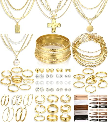 FANDY 137 Pieces Gold Jewelry Set for Women, 12 Necklace, 14 Bracelet, 21 Earrings, 24 Knuckle Rings, 66 Hair Accessory, Gold Jewelry for Women Gift