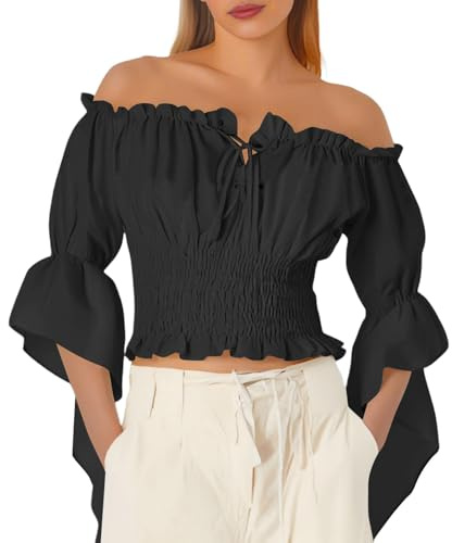 Generisch Blusa con hombros descubiertos para mujer, elegante con un solo hombro, con mangas de volante, para primavera, verano, ropa casual, fiesta tradicional, fiesta medieval, cosplay, cerveza