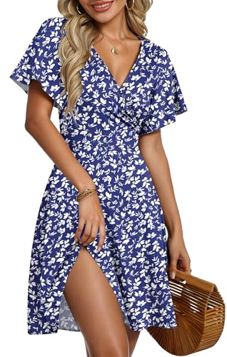 AUSELILY Damen Sommer Kurze Kleider Strandkleid Blau Blumen M