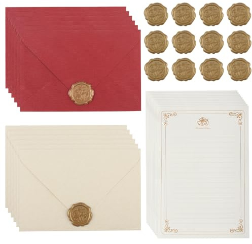 Sunyunze 44 Stück Vintage Briefpapier Set 12 Leinenumschlag Umschläge und Wachssiegel 20 Blatt A5 Briefpapier Linier mit Rosenmuster für Geburtstag Hochzeits Einladung Grußkarten Liebesbrief