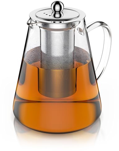 Arendo - Teekanne Glas mit Sieb - 1200 ml – aus Borosilikatglas – mit Edelstahlsieb – feinmaschig – hitzebeständig – Glasteekanne – für losen Tee Kräutertee Früchtetee – Teekocher – langlebig – feinma