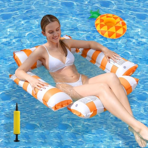 HOWAB Luftmatratze Pool Zubehör Spaß: Aufblasbare Wasserhängematte mit Netz, 4 in 1 Luftmatratze Wasser Hängematte für Erwachsene mit Getränkehalter Luftpumpe, Wasserparty Strand Pool Sitz (Orange)