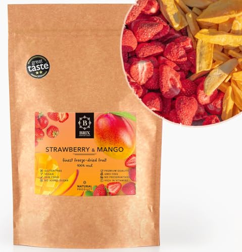 BRIX Fresas y Mango Liofilizado | 110g de Chuches Liofilizadas de Fresa y Mango 100% Naturales | Great Taste Award en Fruta Liofilizada | Sin OMG ni Gluten, Vegano y con las Vitaminas Preservadas